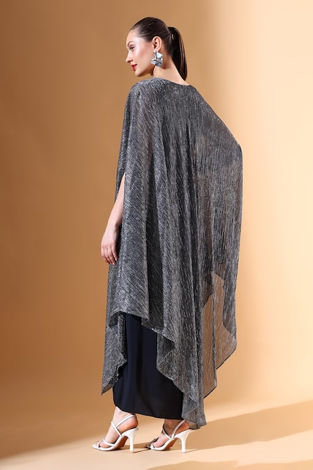 Shop Aakaar Silver Silk Sequins Round Neck Textured Cape Draped Dress Set at Aza Fashions Shop_Aakaar_Silver Silk Sequins Round Neck Textured Cape Draped Dress Set_at_Aza_Fashions