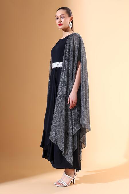 Aakaar Silver Silk Sequins Round Neck Textured Cape Draped Dress Set Online at Aza Fashions Aakaar_Silver Silk Sequins Round Neck Textured Cape Draped Dress Set_Online_at_Aza_Fashions
