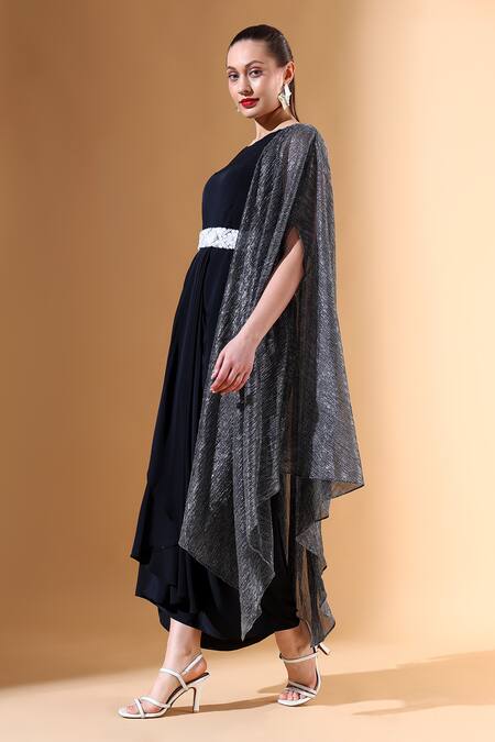 Buy Aakaar Silver Silk Sequins Round Neck Textured Cape Draped Dress Set Online at Aza Fashions Buy_Aakaar_Silver Silk Sequins Round Neck Textured Cape Draped Dress Set_Online_at_Aza_Fashions