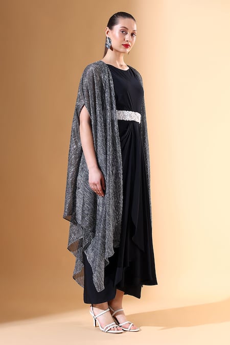 Shop Aakaar Silver Silk Sequins Round Neck Textured Cape Draped Dress Set Online at Aza Fashions Shop_Aakaar_Silver Silk Sequins Round Neck Textured Cape Draped Dress Set_Online_at_Aza_Fashions