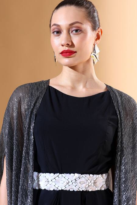 Aakaar Silver Silk Sequins Round Neck Textured Cape Draped Dress Set at Aza Fashions Aakaar_Silver Silk Sequins Round Neck Textured Cape Draped Dress Set_at_Aza_Fashions