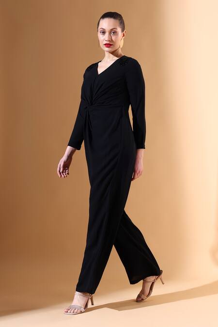 Aakaar X AZA_Black Modal Crystals V-neck Ruched Waist Jumpsuit _Online_at_Aza_Fashions