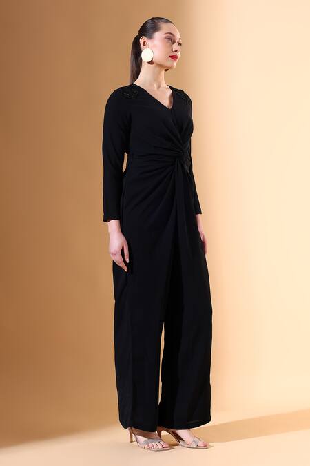 Buy_Aakaar X AZA_Black Modal Crystals V-neck Ruched Waist Jumpsuit _Online_at_Aza_Fashions