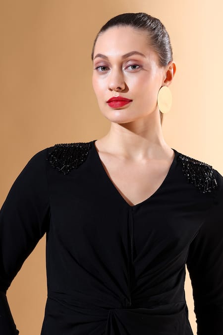 Shop_Aakaar X AZA_Black Modal Crystals V-neck Ruched Waist Jumpsuit _Online_at_Aza_Fashions