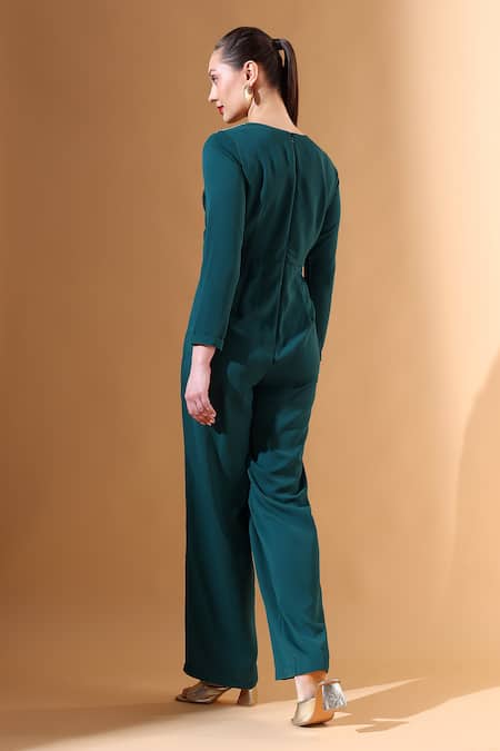 Shop_Aakaar X AZA_Green Modal Crystals V-neck Placed Embellished Jumpsuit _at_Aza_Fashions