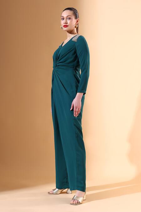 Aakaar X AZA_Green Modal Crystals V-neck Placed Embellished Jumpsuit _Online_at_Aza_Fashions