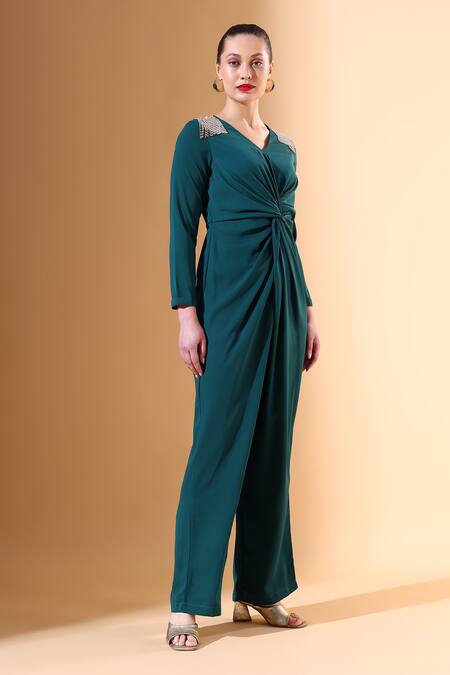 Buy_Aakaar X AZA_Green Modal Crystals V-neck Placed Embellished Jumpsuit _Online_at_Aza_Fashions