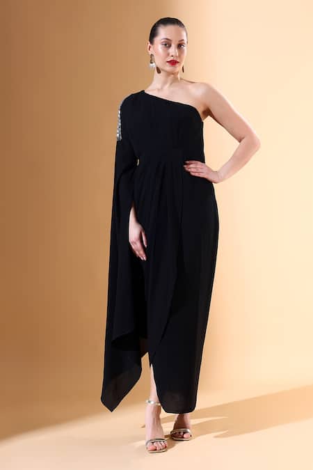 Aakaar X AZA Black Modal Crystals One Shoulder Draped Dress Online at Aza Fashions Aakaar X AZA_Black Modal Crystals One Shoulder Draped Dress _Online_at_Aza_Fashions
