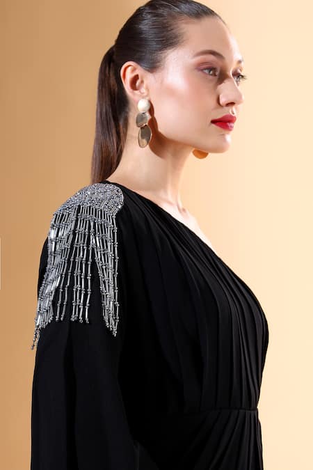 Shop Aakaar X AZA Black Modal Crystals One Shoulder Draped Dress Online at Aza Fashions Shop_Aakaar X AZA_Black Modal Crystals One Shoulder Draped Dress _Online_at_Aza_Fashions