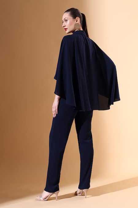 Shop_Aakaar X AZA_Blue Crepe Beads, Crystals Collared Solid Cape Jumpsuit With Embellished Belt _at_Aza_Fashions