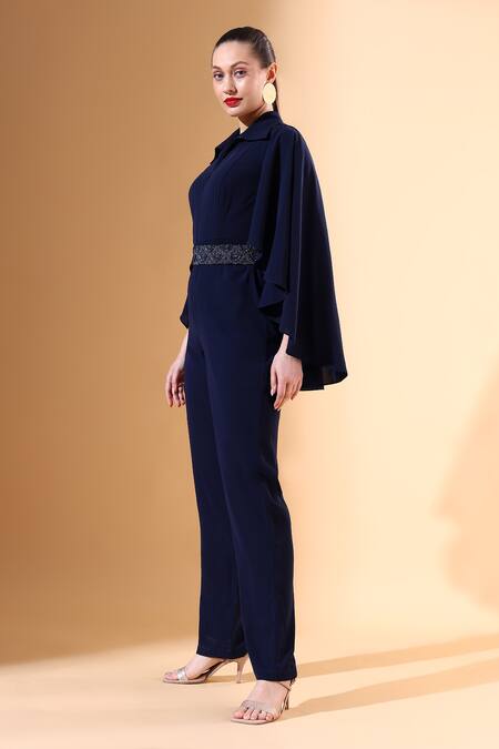 Aakaar X AZA_Blue Crepe Beads, Crystals Collared Solid Cape Jumpsuit With Embellished Belt _Online_at_Aza_Fashions