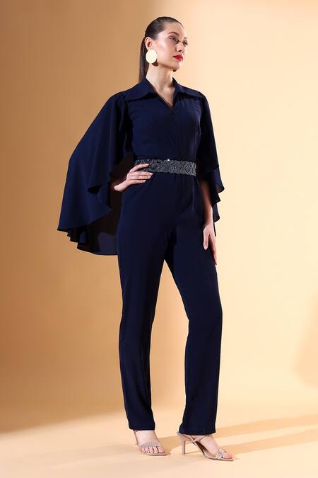 Buy_Aakaar X AZA_Blue Crepe Beads, Crystals Collared Solid Cape Jumpsuit With Embellished Belt _Online_at_Aza_Fashions
