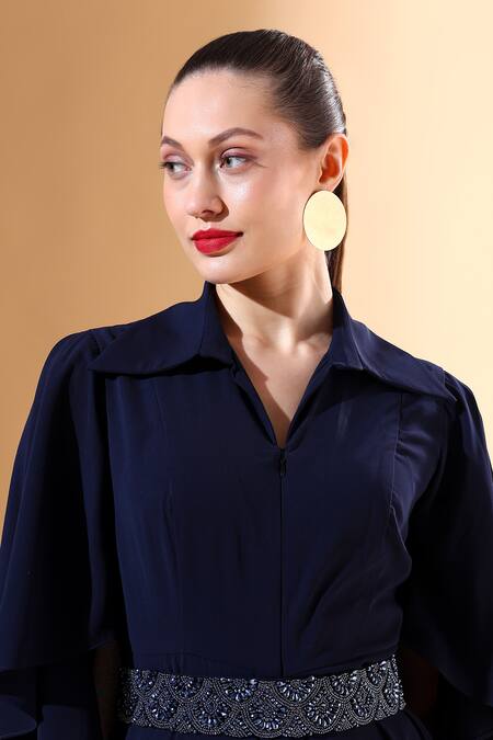 Shop_Aakaar X AZA_Blue Crepe Beads, Crystals Collared Solid Cape Jumpsuit With Embellished Belt _Online_at_Aza_Fashions