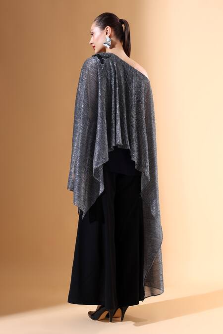 Shop Aakaar Silver Microfiber Embroidery One Shoulder Draped Top And Palazzo Set at Aza Fashions Shop_Aakaar_Silver Microfiber Embroidery One Shoulder Draped Top And Palazzo Set_at_Aza_Fashions