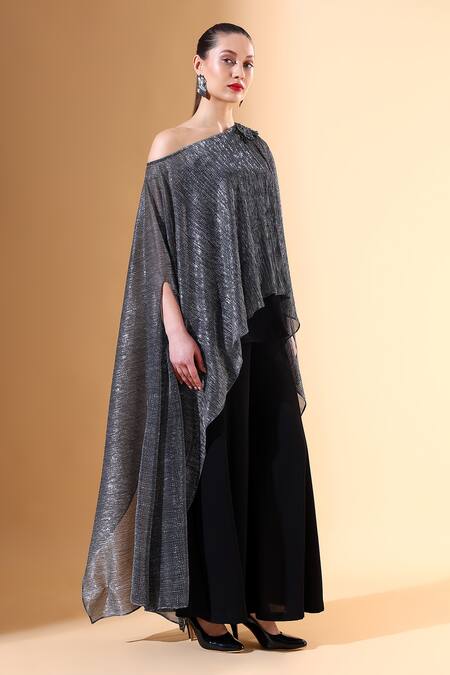 Buy Aakaar Silver Microfiber Embroidery One Shoulder Draped Top And Palazzo Set Online at Aza Fashions Buy_Aakaar_Silver Microfiber Embroidery One Shoulder Draped Top And Palazzo Set_Online_at_Aza_Fashions