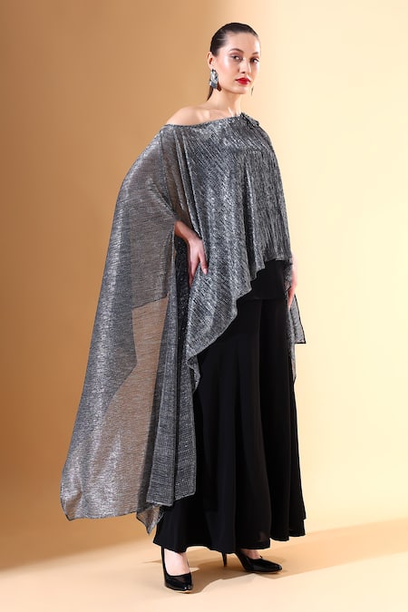 Shop Aakaar Silver Microfiber Embroidery One Shoulder Draped Top And Palazzo Set Online at Aza Fashions Shop_Aakaar_Silver Microfiber Embroidery One Shoulder Draped Top And Palazzo Set_Online_at_Aza_Fashions