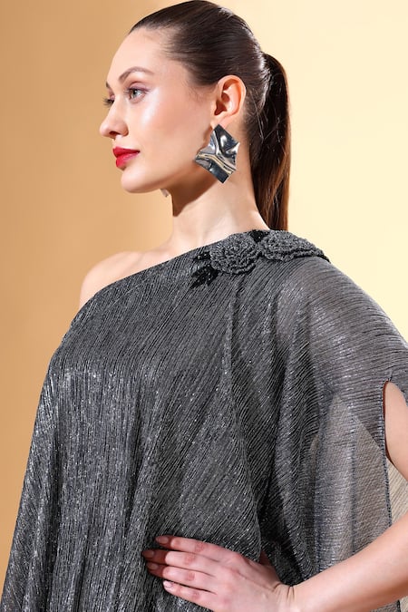 Aakaar Silver Microfiber Embroidery One Shoulder Draped Top And Palazzo Set at Aza Fashions Aakaar_Silver Microfiber Embroidery One Shoulder Draped Top And Palazzo Set_at_Aza_Fashions