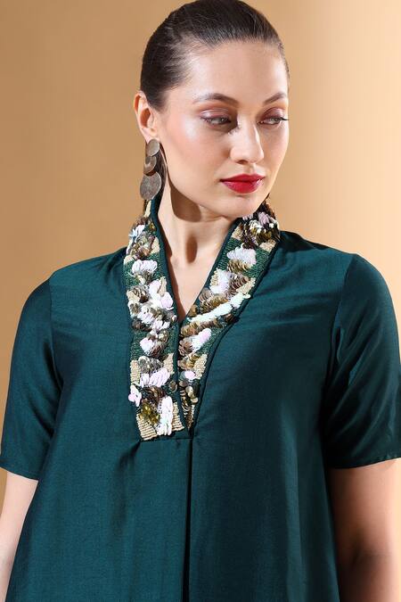 Aakaar X AZA_Green Cotton, Silk Sequins Collared Coin Embellished Skirt Set _at_Aza_Fashions