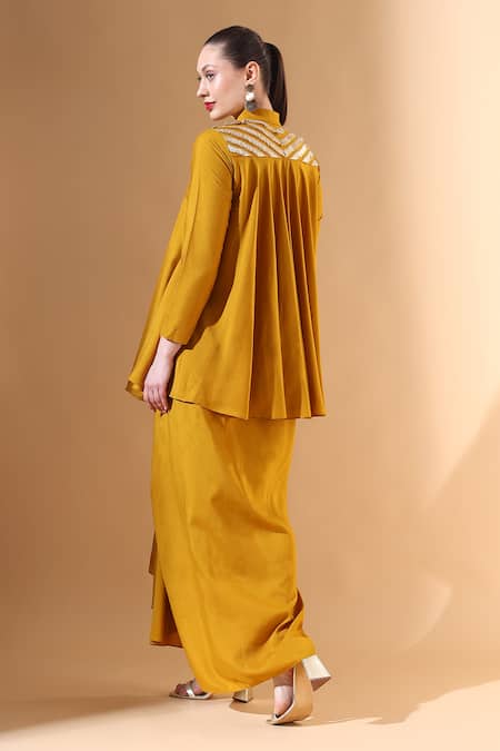 Shop Aakaar Yellow Cotton, Silk Gota Patti High Neck Embellished Tunic And Draped Skirt Set at Aza Fashions Shop_Aakaar_Yellow Cotton, Silk Gota Patti High Neck Embellished Tunic And Draped Skirt Set_at_Aza_Fashions