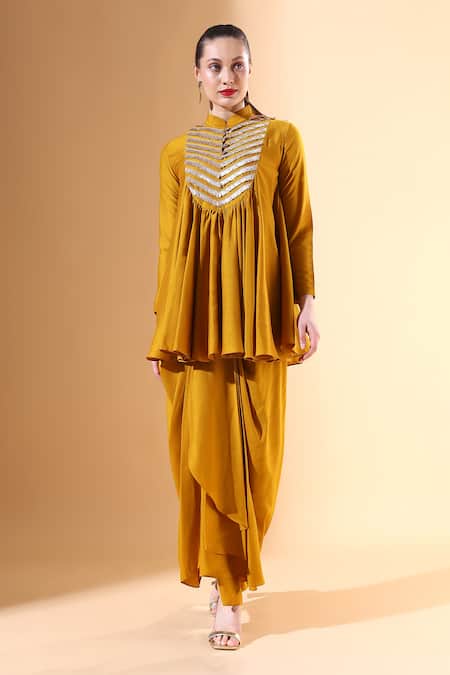 Aakaar Yellow Cotton, Silk Gota Patti High Neck Embellished Tunic And Draped Skirt Set Online at Aza Fashions Aakaar_Yellow Cotton, Silk Gota Patti High Neck Embellished Tunic And Draped Skirt Set_Online_at_Aza_Fashions