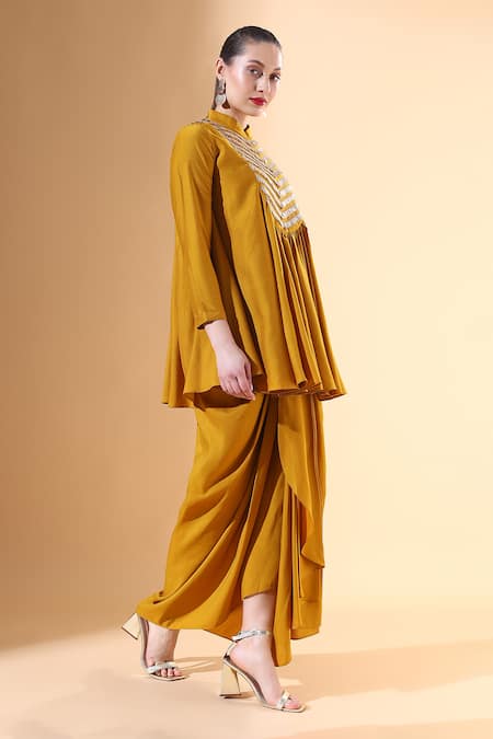 Buy Aakaar Yellow Cotton, Silk Gota Patti High Neck Embellished Tunic And Draped Skirt Set Online at Aza Fashions Buy_Aakaar_Yellow Cotton, Silk Gota Patti High Neck Embellished Tunic And Draped Skirt Set_Online_at_Aza_Fashions