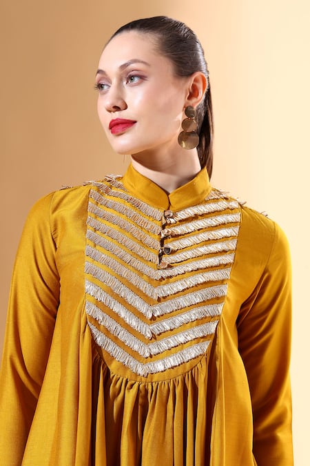 Shop Aakaar Yellow Cotton, Silk Gota Patti High Neck Embellished Tunic And Draped Skirt Set Online at Aza Fashions Shop_Aakaar_Yellow Cotton, Silk Gota Patti High Neck Embellished Tunic And Draped Skirt Set_Online_at_Aza_Fashions