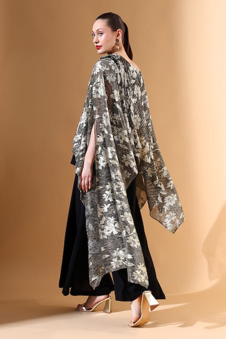 Shop_Aakaar x AZA_Black Foil Embellished Crystal One-shoulder Print Top And Palazzo Set _at_Aza_Fashions