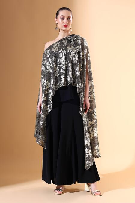 Aakaar x AZA_Black Foil Embellished Crystal One-shoulder Print Top And Palazzo Set _Online_at_Aza_Fashions