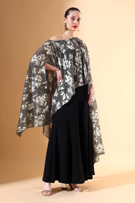 Buy_Aakaar x AZA_Black Foil Embellished Crystal One-shoulder Print Top And Palazzo Set _Online_at_Aza_Fashions