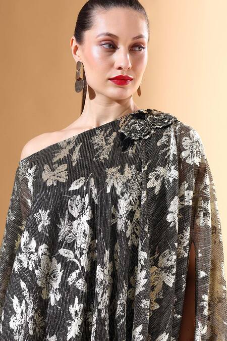Shop_Aakaar x AZA_Black Foil Embellished Crystal One-shoulder Print Top And Palazzo Set _Online_at_Aza_Fashions