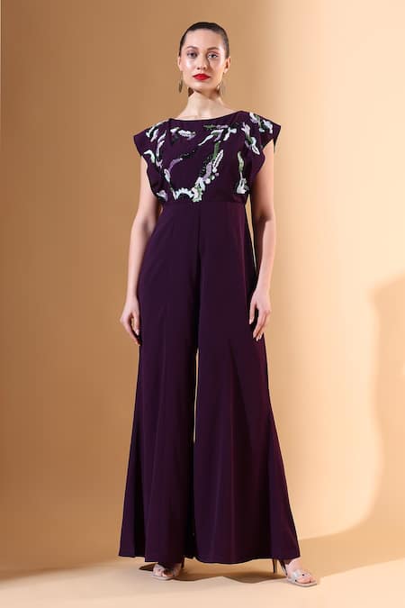 Aakaar X AZA_Purple Modal Embroidery Boat Neck Sequin Embellished Jumpsuit _Online_at_Aza_Fashions