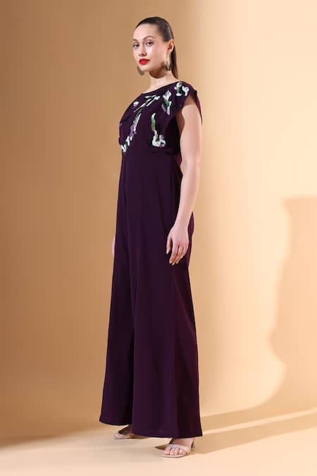 Buy_Aakaar X AZA_Purple Modal Embroidery Boat Neck Sequin Embellished Jumpsuit _Online_at_Aza_Fashions