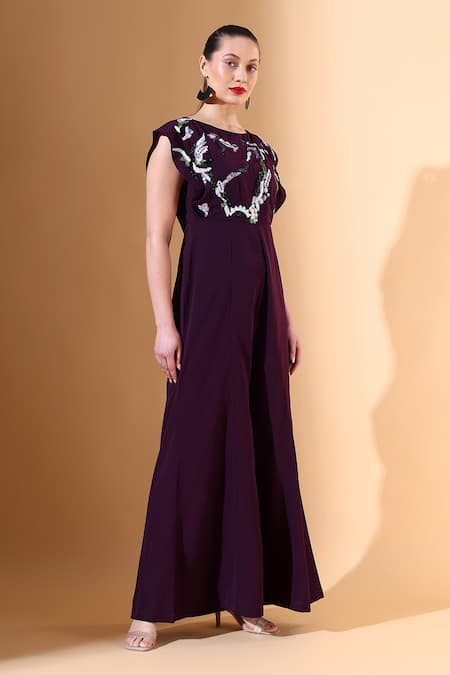 Shop_Aakaar X AZA_Purple Modal Embroidery Boat Neck Sequin Embellished Jumpsuit _Online_at_Aza_Fashions