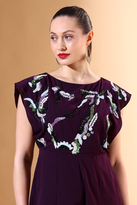 Aakaar X AZA_Purple Modal Embroidery Boat Neck Sequin Embellished Jumpsuit _at_Aza_Fashions