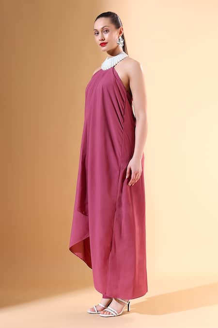 Buy_Aakaar X AZA_Pink Modal Pearls High Neck Draped Asymmetric Tunic And Pant Set _Online_at_Aza_Fashions