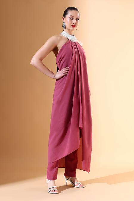 Shop_Aakaar X AZA_Pink Modal Pearls High Neck Draped Asymmetric Tunic And Pant Set _Online_at_Aza_Fashions