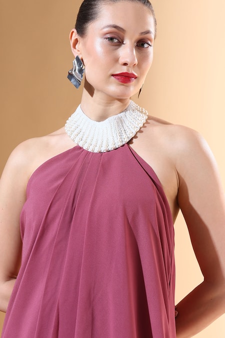 Aakaar X AZA_Pink Modal Pearls High Neck Draped Asymmetric Tunic And Pant Set _at_Aza_Fashions