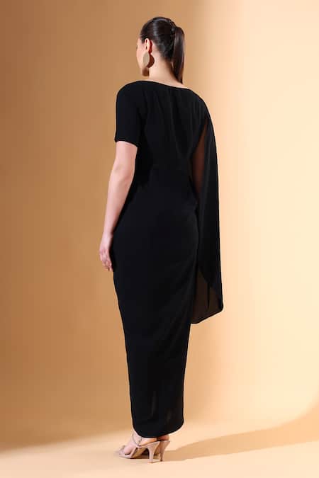 Shop Aakaar X AZA Black Modal Embroidery Round Neck Crystal Noir Draped Dress at Aza Fashions Shop_Aakaar X AZA_Black Modal Embroidery Round Neck Crystal Noir Draped Dress _at_Aza_Fashions
