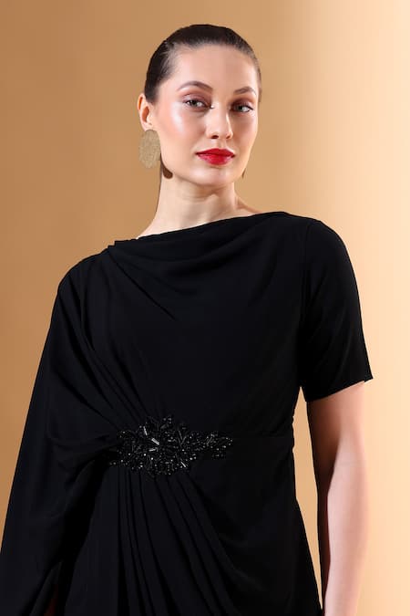 Aakaar X AZA Black Modal Embroidery Round Neck Crystal Noir Draped Dress at Aza Fashions Aakaar X AZA_Black Modal Embroidery Round Neck Crystal Noir Draped Dress _at_Aza_Fashions