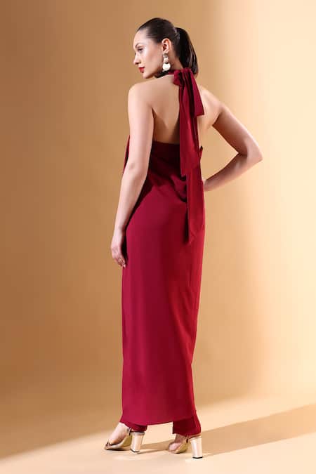 Shop_Aakaar X AZA_Wine Modal Crystals Collared Metallic Draped Tunic And Pant Set _at_Aza_Fashions