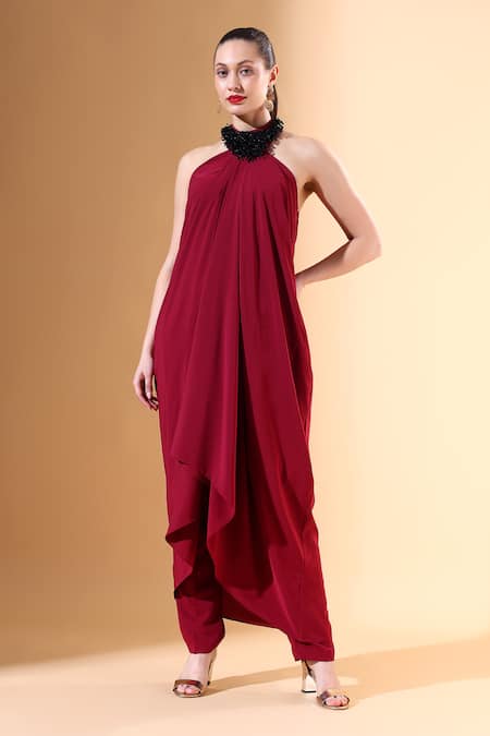 Aakaar X AZA_Wine Modal Crystals Collared Metallic Draped Tunic And Pant Set _Online_at_Aza_Fashions