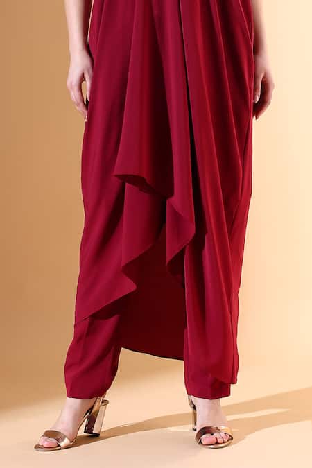 Buy_Aakaar X AZA_Wine Modal Crystals Collared Metallic Draped Tunic And Pant Set _Online_at_Aza_Fashions