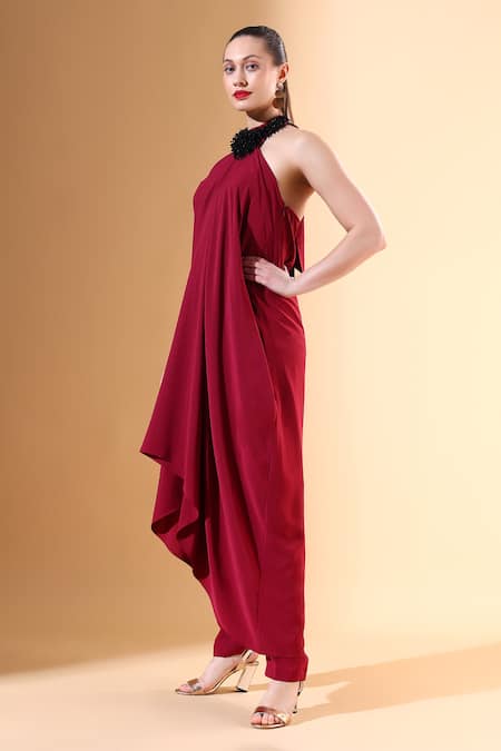 Shop_Aakaar X AZA_Wine Modal Crystals Collared Metallic Draped Tunic And Pant Set _Online_at_Aza_Fashions