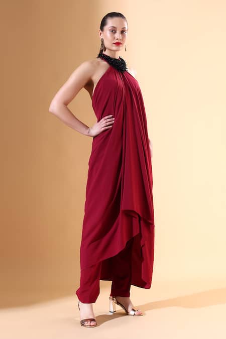 Aakaar X AZA_Wine Modal Crystals Collared Metallic Draped Tunic And Pant Set _at_Aza_Fashions