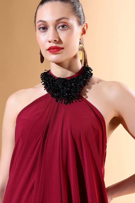 Buy_Aakaar X AZA_Wine Modal Crystals Collared Metallic Draped Tunic And Pant Set 