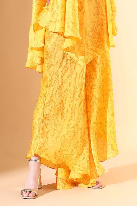 Shop_Aakaar_Yellow Silk Gota Patti Collared Marble Print Embellished Tunic And Palazzo Set_Online_at_Aza_Fashions