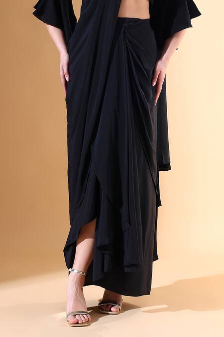 Aakaar X AZA_Black Silk Embroidery Pre-draped Saree With Crystal Embellished Blouse For Kids_Online_at_Aza_Fashions