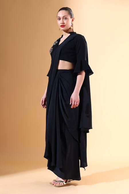 Buy_Aakaar X AZA_Black Silk Embroidery Pre-draped Saree With Crystal Embellished Blouse For Kids_Online_at_Aza_Fashions