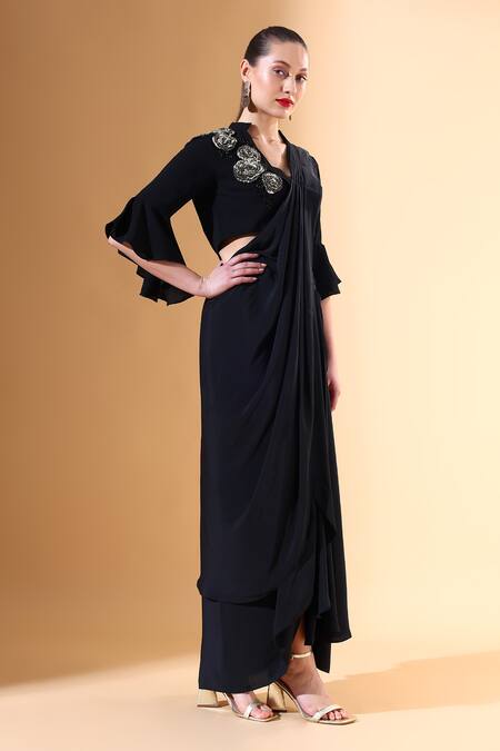 Shop_Aakaar X AZA_Black Silk Embroidery Pre-draped Saree With Crystal Embellished Blouse For Kids_Online_at_Aza_Fashions