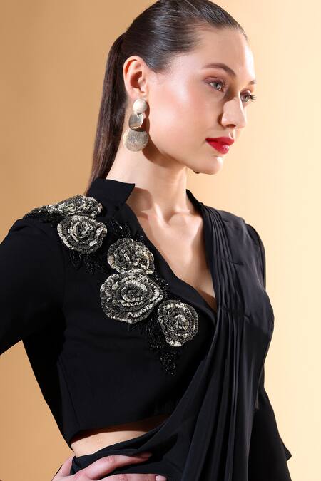 Aakaar X AZA_Black Silk Embroidery Pre-draped Saree With Crystal Embellished Blouse For Kids_at_Aza_Fashions